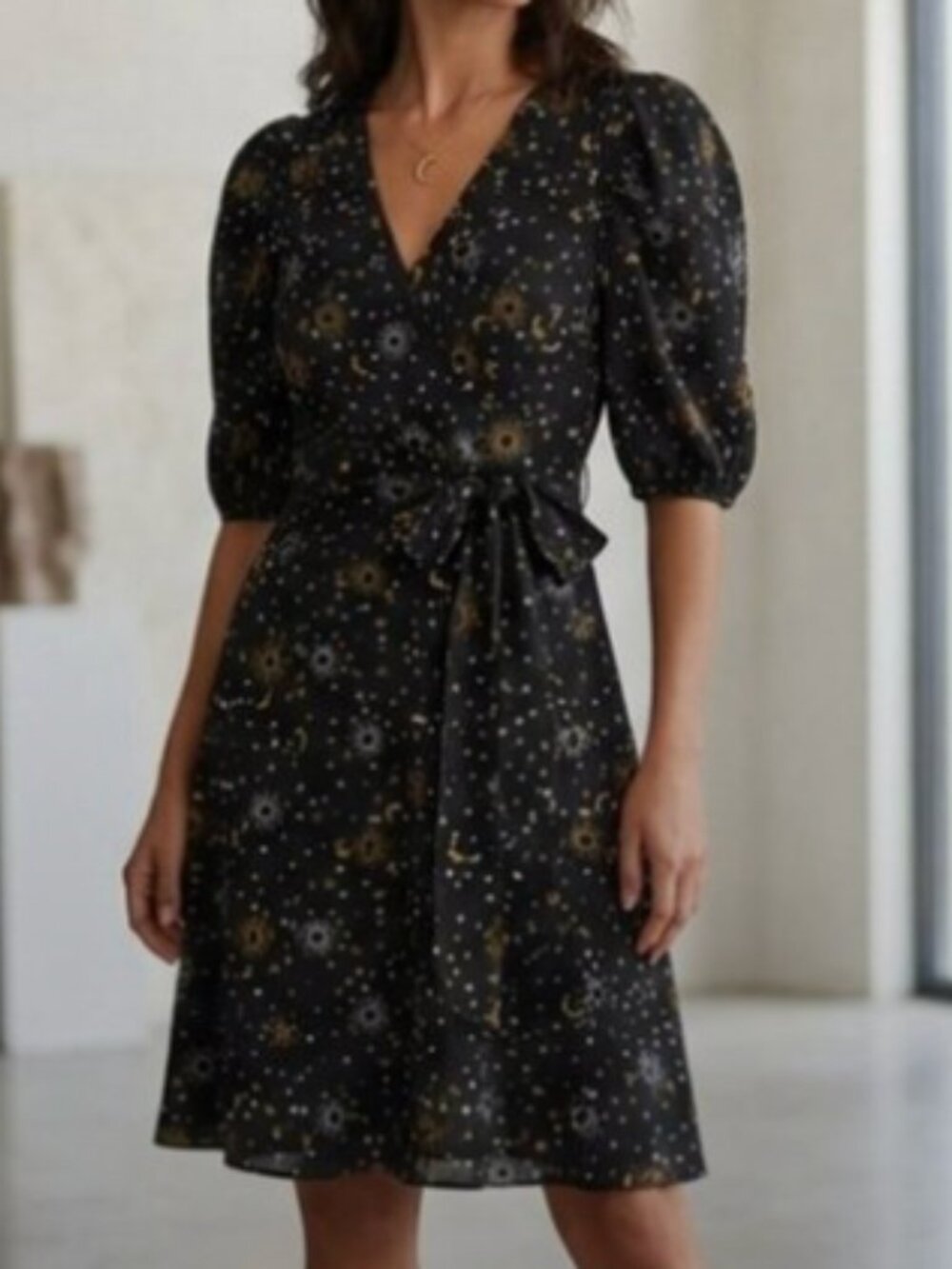 Karl Lagerfeld Paris Black & Gold Star and Sunglasses Puff Sleeve Dress Sz 12